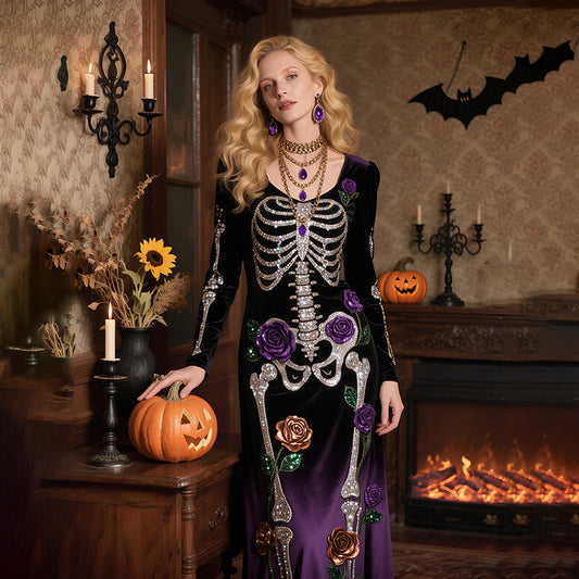 Comstylish Vintage Halloween Skeleton Bones With Roses Flowy Velvet Maxi Dress