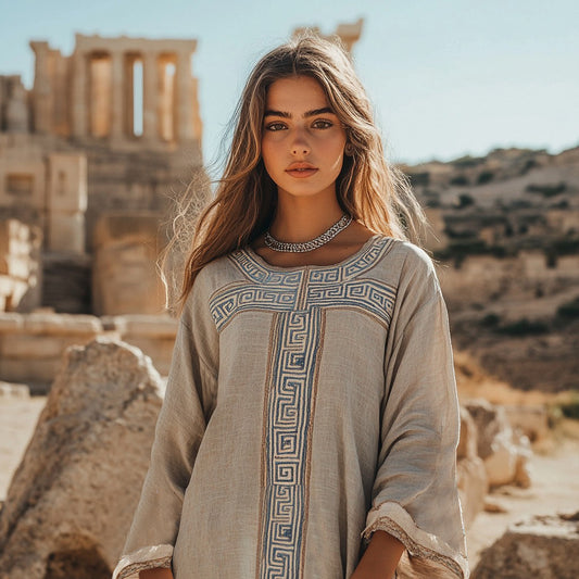 Vintage Greek Key Linen Blend Crew Neck T-shirt artswardrobe