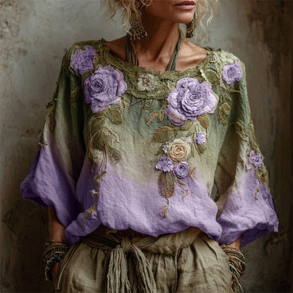 Comstylish Vintage Pink Roses Forest Gradient Linen Tunic