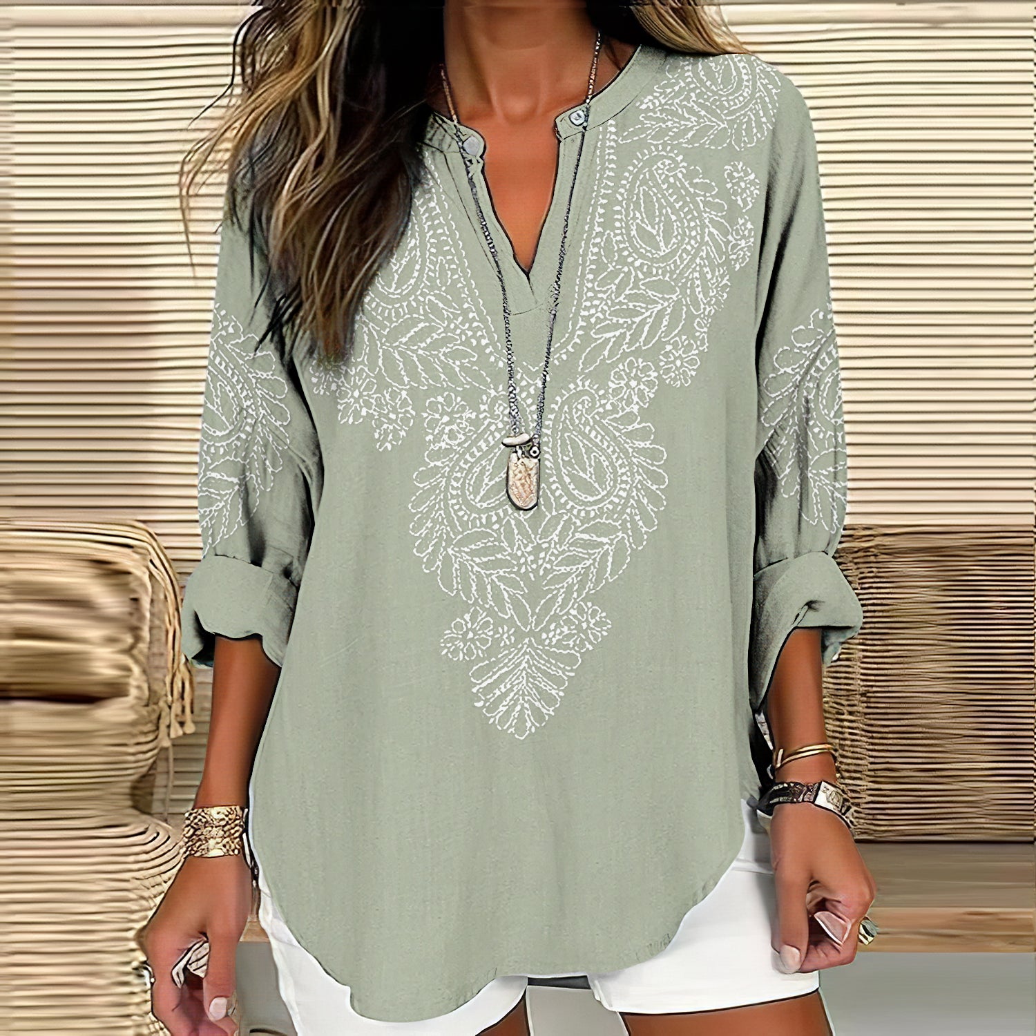 Comstylish Women's Floral Embroidery Art Linen Print Casual Shirt