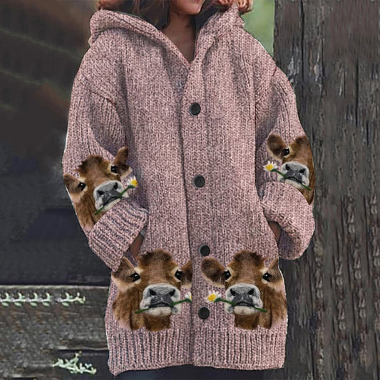 Women's Animal Highland Cow And Floral Knitted Cardigan artswardrobe