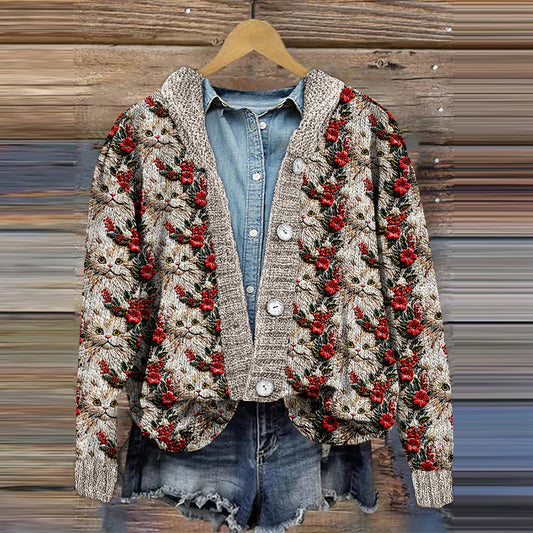 Comstylish Cat Print Long Sleeve Knitted Cardigan