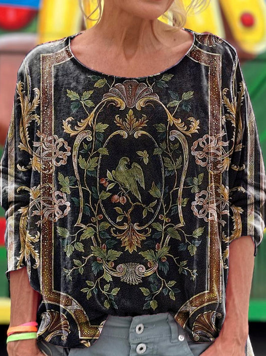 Vintage Ethnic Bird Floral Embellished Pattern Art Print Casual Long S