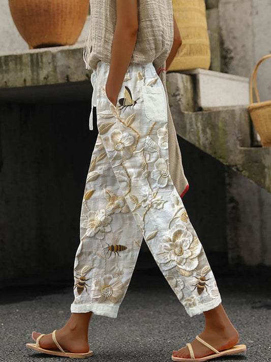 Bees Flowers Embroidery Pattern Linen Blend Pants artswardrobe