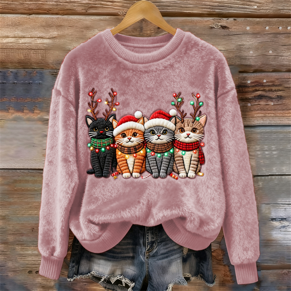 Comstylish Christmas Lights Cat Women's Cozy Plush Sweater