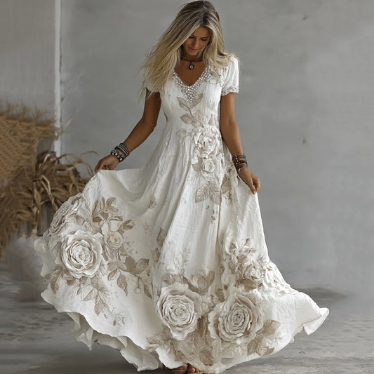 Comstylish Women's White Rose Embroidery Art V-neck Short Sleeve Maxi Dress