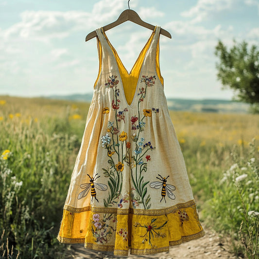 Women's Vintage Bees And Floral Design V-neck Mini Dress artswardrobe