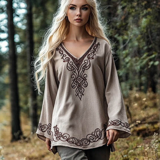 Vintage Viking Celtic Linen V-neck Shirt artswardrobe