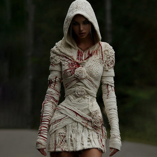Women's Halloween Muscle Anatomy Bandage With Rose Art Cozy Knit Hooded Sweater Dress artswardrobe