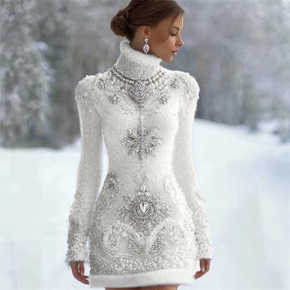 Classy Christmas Snowflakes Jewel Art Cozy Turtleneck Sweater Dress artswardrobe