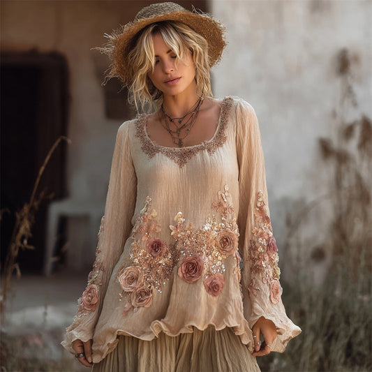 Comstylish Vintage Dry Rose Boho Art Women's Linen Loose Top