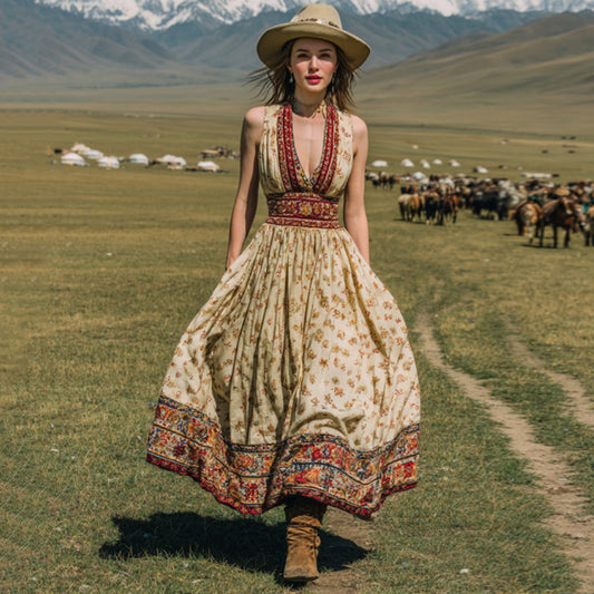 Women's Vintage Western Floral Ethnic Print V-neck Sleeveless Maxi Dress artswardrobe