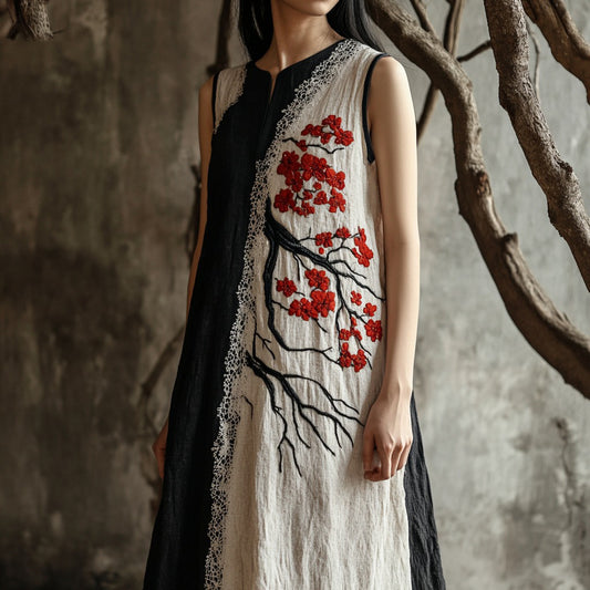Women's Cherry Blossom Embroidery Lace Patchwork Art Linen Tank Dress artswardrobe