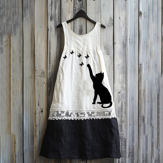 Comstylish Vintage Abstract Creative Cute Black Cat Play With Butterfly Art Linen Tank Dress