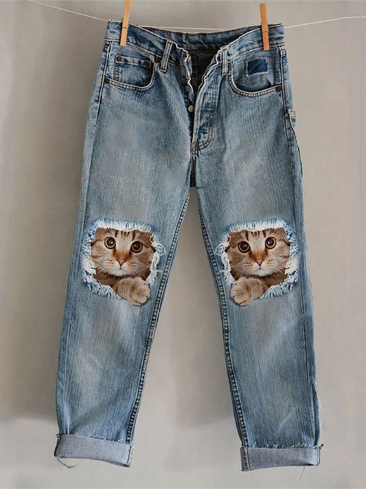 Cute Cats Frayed Vintage Washed Jeans elevenforest