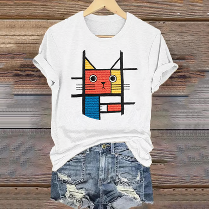Abstract Creative Geometric  Cat Embroidered  Art Print Cotton Graphic T-shirt elevenforest