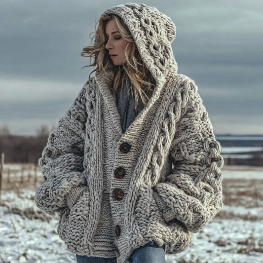 Women's Fair Isle Chunky Knit Warm Button-down Hooded Cardigan artswardrobe