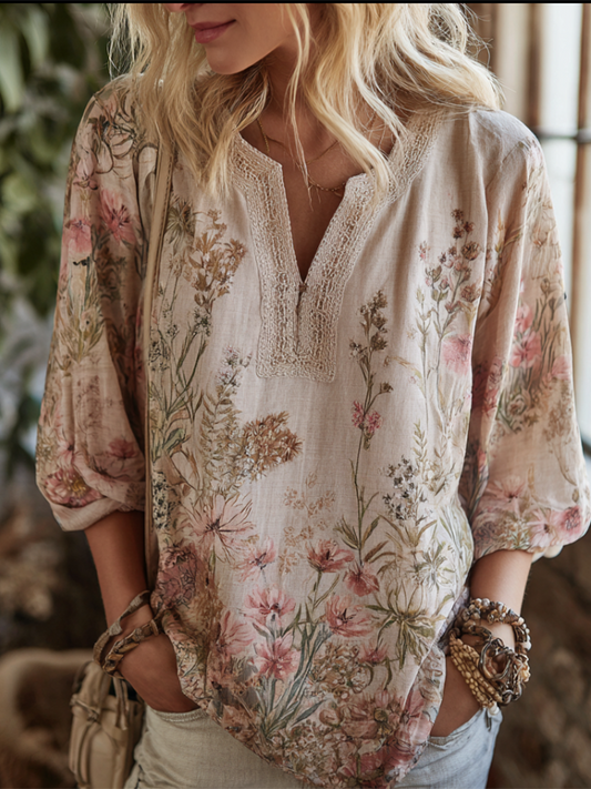 Retro Cotton And Linen Plant Flower Bohemian Style Women's V-neck Top artswardrobe