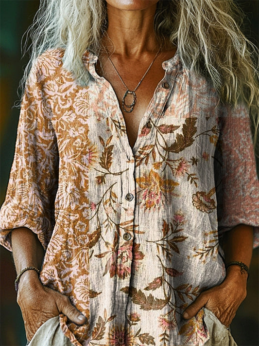 Women's Vintage Floral Tattoo Pattern Art Print Linen Cotton Casual Sh