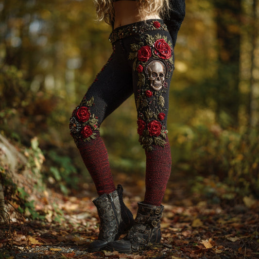 Women's Vintage Skull And Rose Pattern Comfortable Leggings elevenforest