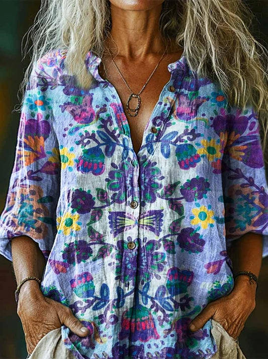 Women's Bohemian Ethnic Floral Art Pattern Print Casual Cotton Linen S