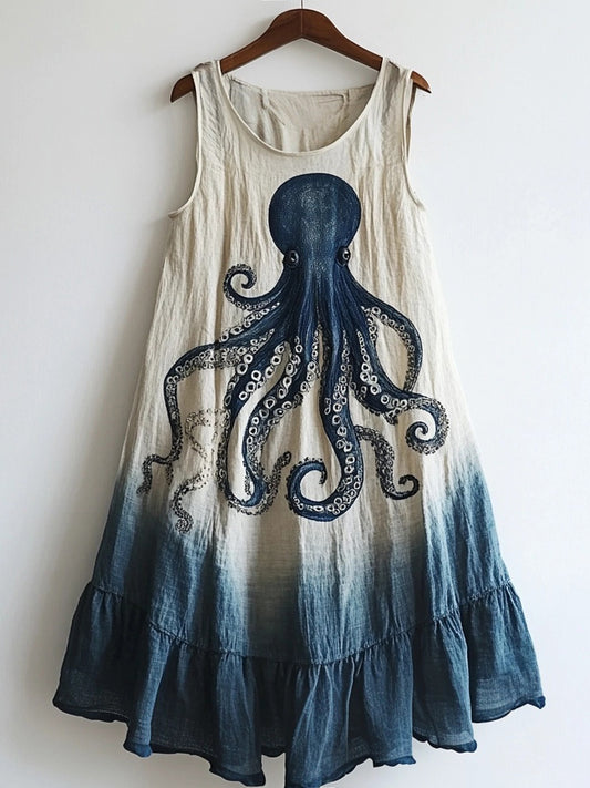 Vintage Octopus Pattern Linen Blend Tie-dye Dress artswardrobe