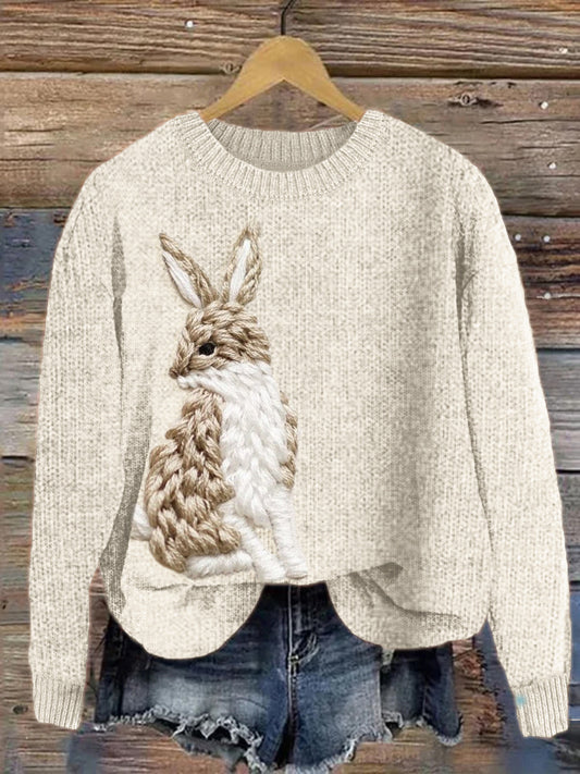 Lively Hare Embroidery Pattern Cozy Knit Sweater artswardrobe