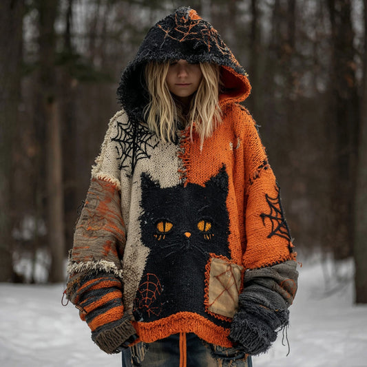Comstylish Women's Black Cat Patchwork Stitched Cozy Knit Hooded