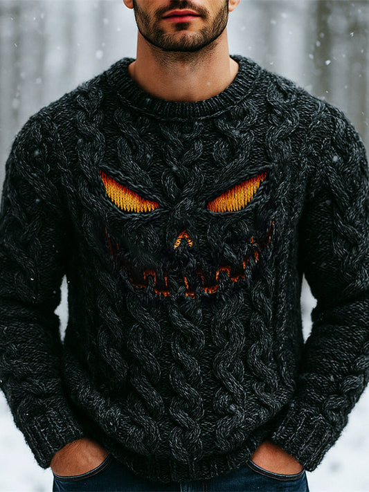 Halloween Evil Pumpkin Emoji Men's Chunky Knit Crewneck Sweater elevenforest
