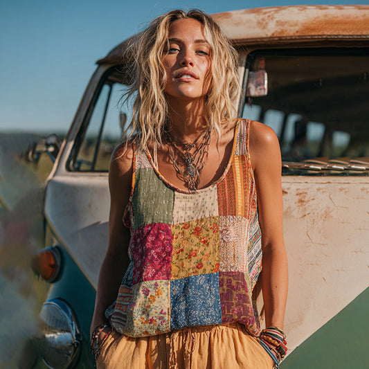 Countryside Style Collection Classy Patchwork Floral Pattern Art Linen Tank Top artswardrobe