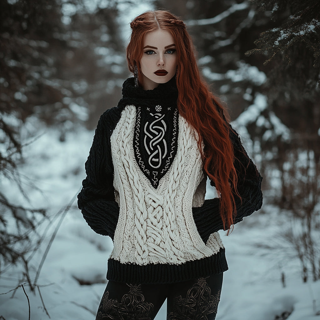 Women's Viking Tribal Jacquard Celtic Inspired Chunky Knit Hooded Sweater artswardrobe