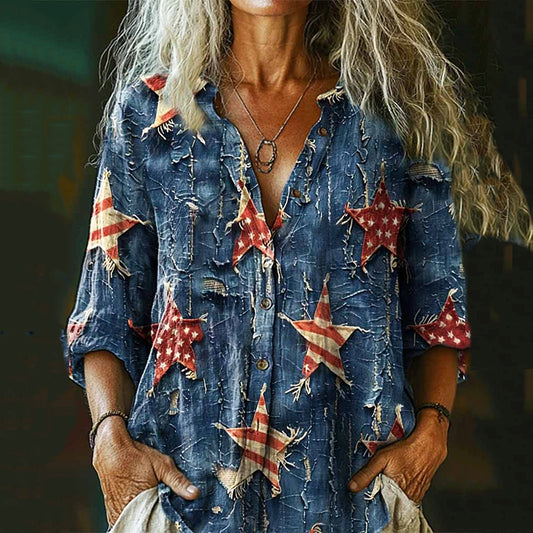 Women's Independence Day Retro Star Patchwork Art Cotton And Linen Shirt artswardrobe