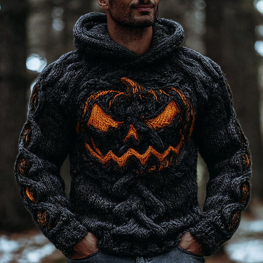 Men's Halloween Pumpkin Smiley Face Bright Color Knitted Pattern Hooded Sweater elevenforest