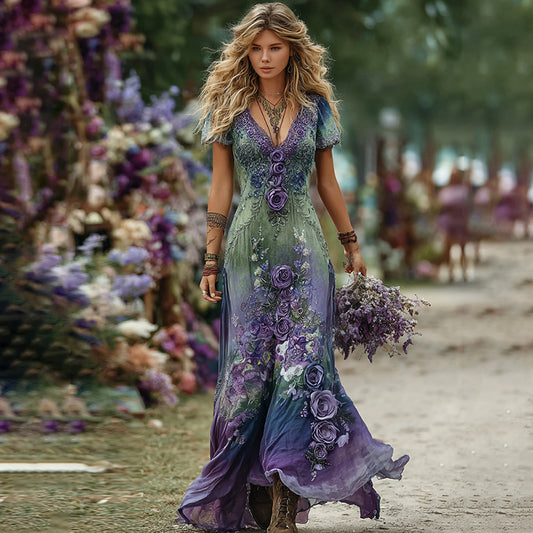 Vintage Green And Purple Lavender And Floral Embroidered Art Linen Maxi Dress artswardrobe