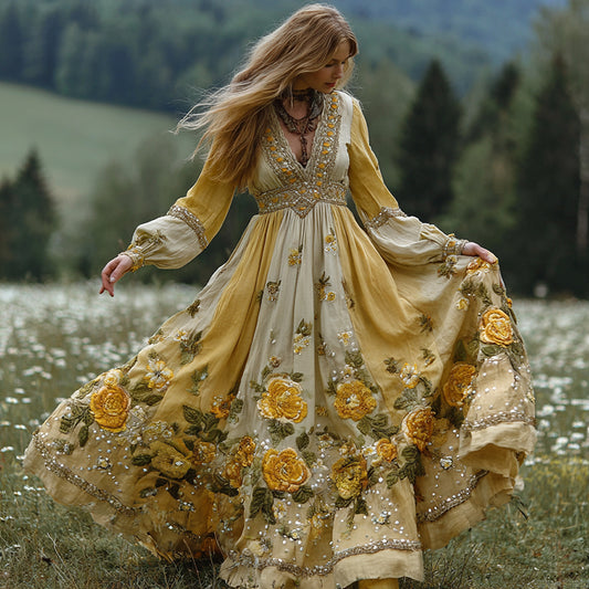 Comstylish Women's Yellow Floral Art Print V-neck Long Sleeve Maxi Dress