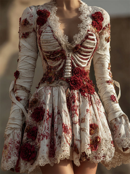 Comstylish Halloween Bloody Roses Rib Cage Bandages Linen Mini Dress