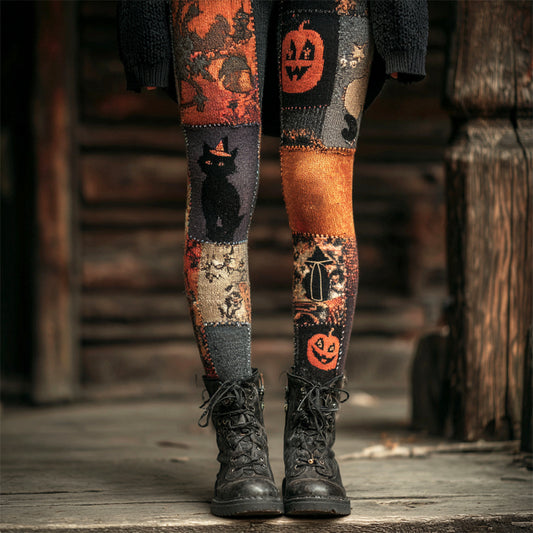 Comstylish Halloween Black Cat & Pumpkin Patchwork Art Women's Knit Leggings