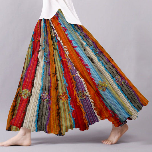 Boho Vintage Patchwork Flowy Linen Blend Wide Skirt artswardrobe