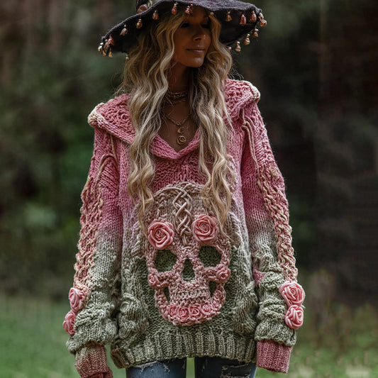 Women's Vintage Viking Tribal Jacquard Celtic With Rose And Skull Inspired Chunky Knit Hooded Sweater elevenforest