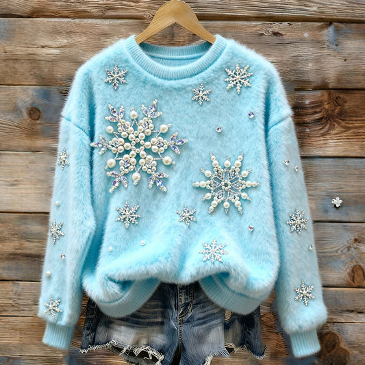 Women's Christmas Snowflake Diamonds & Pearls Art Cozy Plush Sweater