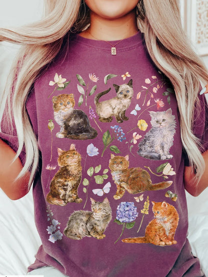 Countryside Cat Embroidery Print T-shirt elevenforest
