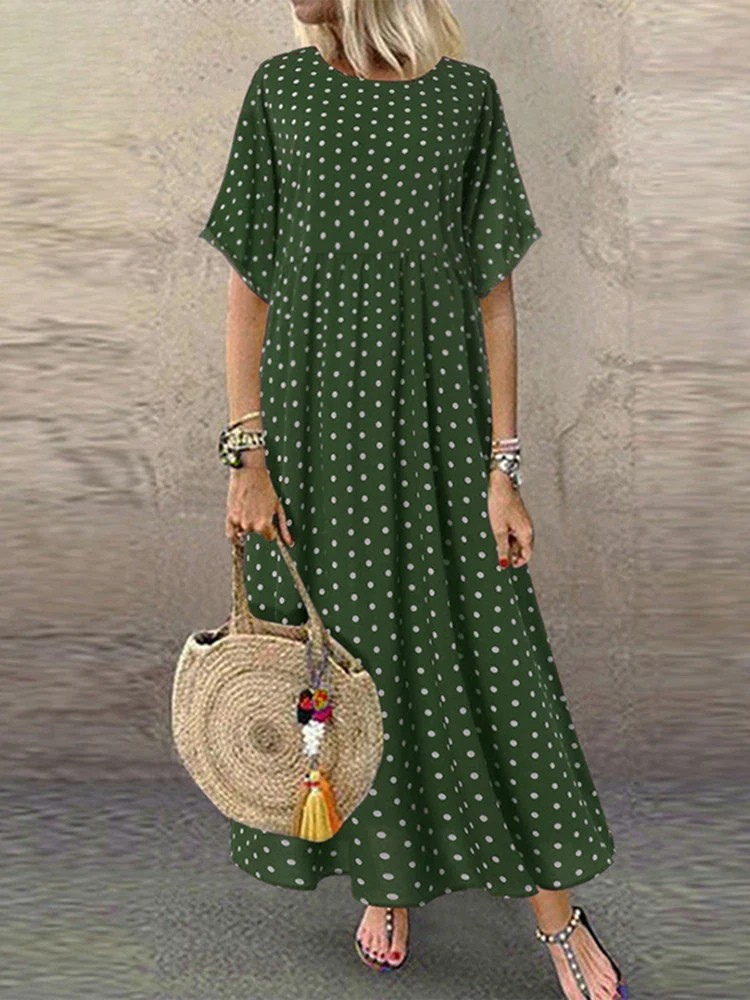 KS | Polka Dot Ladies Midi Dress Bohemian Vacation Short Sleeve O-Neck Long Robe Vintage Loose Casual A-line Vestidos Summer