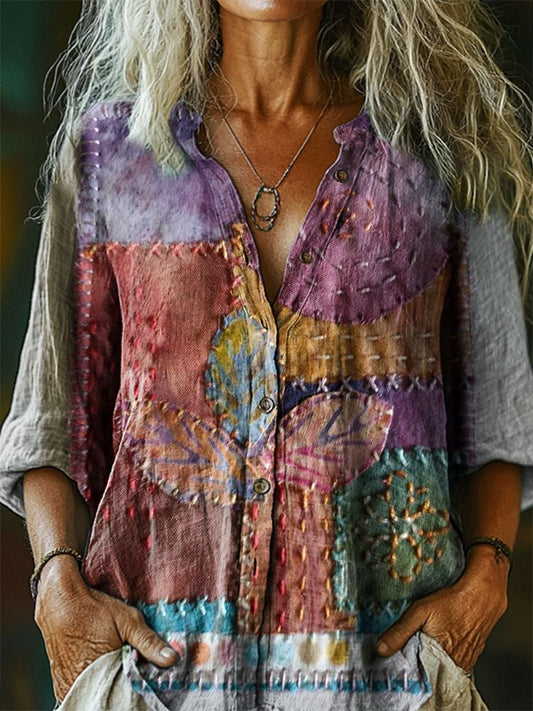 Women's Vintage Floral Patchwork Pattern Art Print Casual Cotton Linen