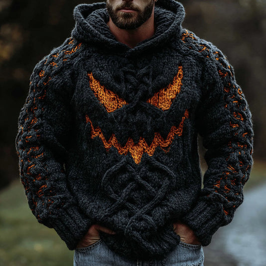 Viking Halloween Pumpkin Face Men's Knit Twist Hooded Sweater elevenforest