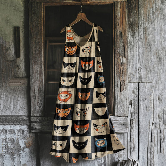Comstylish Women's Retro Funny Cat Art Print Sleeveless Dress