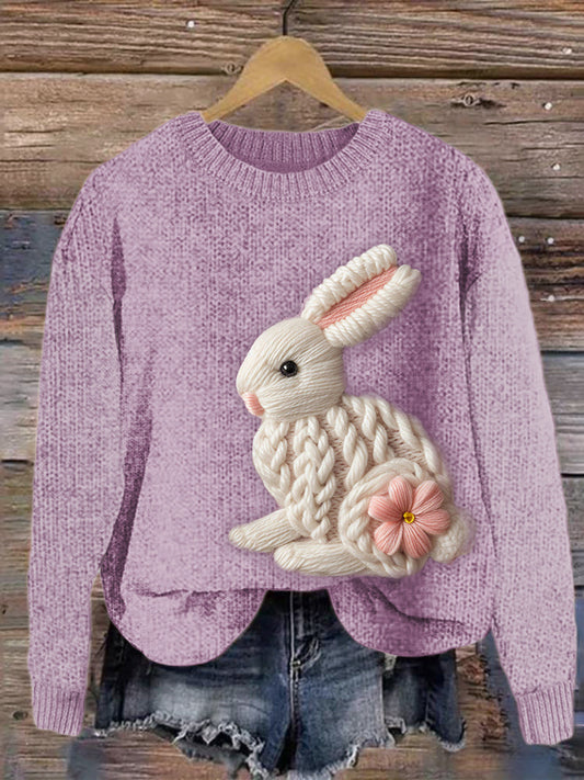 Cute Bunny Embroidery Art Cozy Knit Sweater artswardrobe