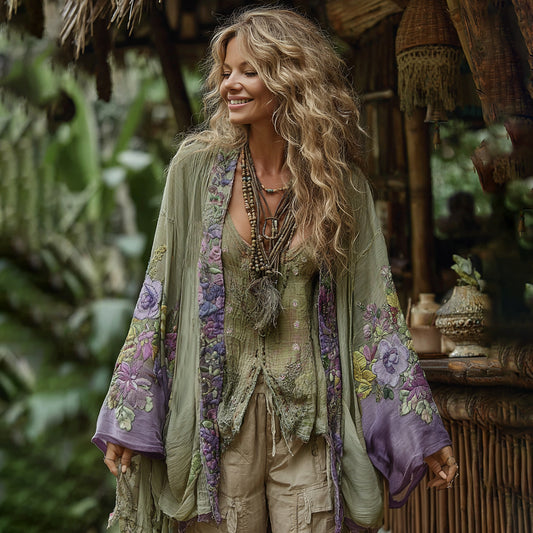 Classic Bohemian Floral Art Embroidery Print Cotton And Linen Blend Kimono Cardigan