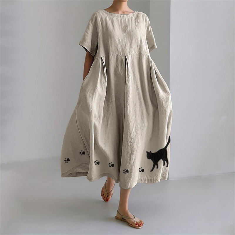 Comstylish Black Cat & Paw Prints Embroidered Linen Blend Maxi Dress