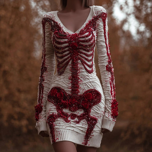 Comstylish Classy Skeleton Roses Beads Embroidered V Neck Sweater Dress