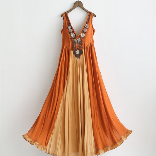 Women's Vintage Bohemian Floral Pattern V-neck Dress artswardrobe